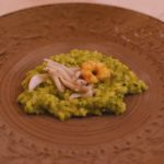 Ricordo D’estate Mantecato di riso carnaroli al gelato di basilico e cuore di zucchina con collezione di pesci e colatura di scampo e seppiolina